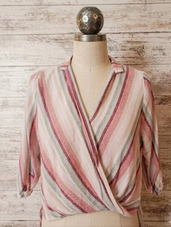 Elan Tops - Elan Striped Linen Blend Faux Wrap Twist Front Top Blouse NWOT